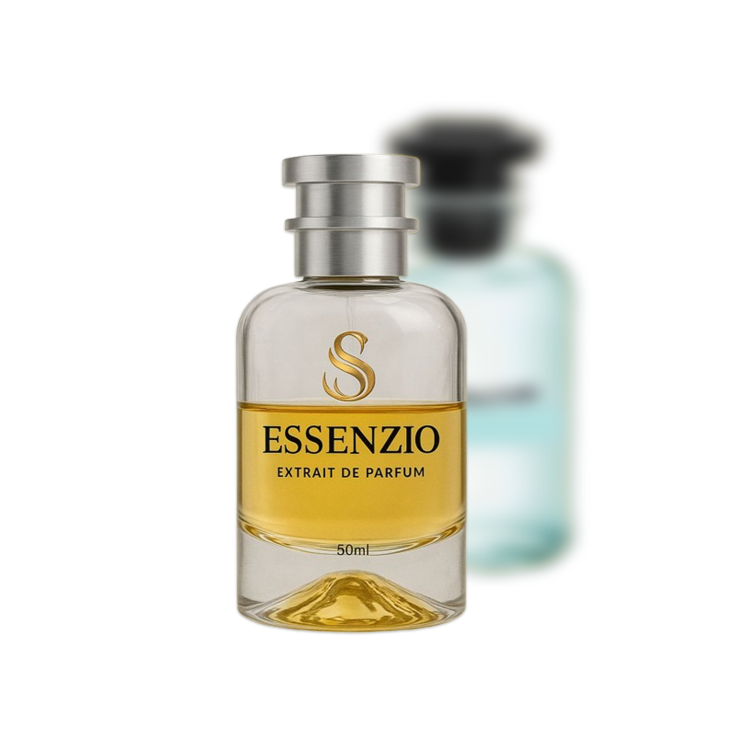 Essenzio Extrait de Parfum – 50 ml Parfümflasche mit silbernem Sprühkopf und goldfarbener Flüssigkeit.