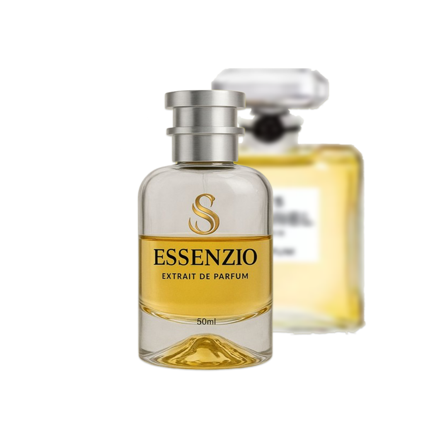 Essenzio Extrait de Parfum – 50 ml Parfümflasche mit silbernem Sprühkopf und goldfarbener Flüssigkeit.
