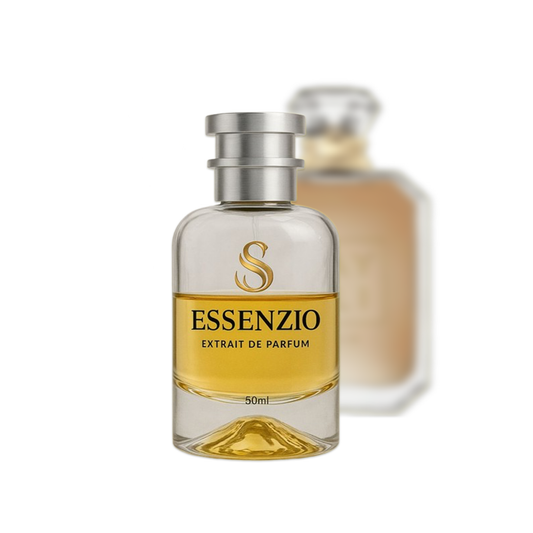 Essenzio Extrait de Parfum – 50 ml Parfümflasche mit silbernem Sprühkopf und goldfarbener Flüssigkeit.
