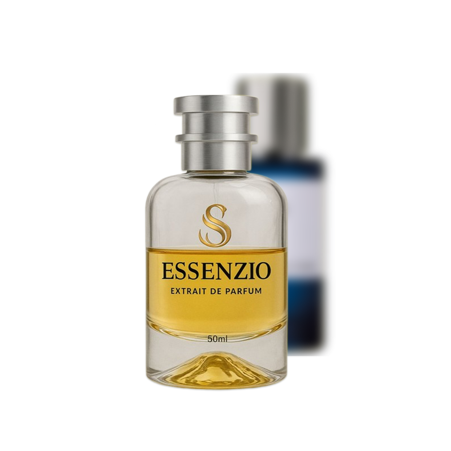 Essenzio Extrait de Parfum – 50 ml Parfümflasche mit silbernem Sprühkopf und goldfarbener Flüssigkeit.