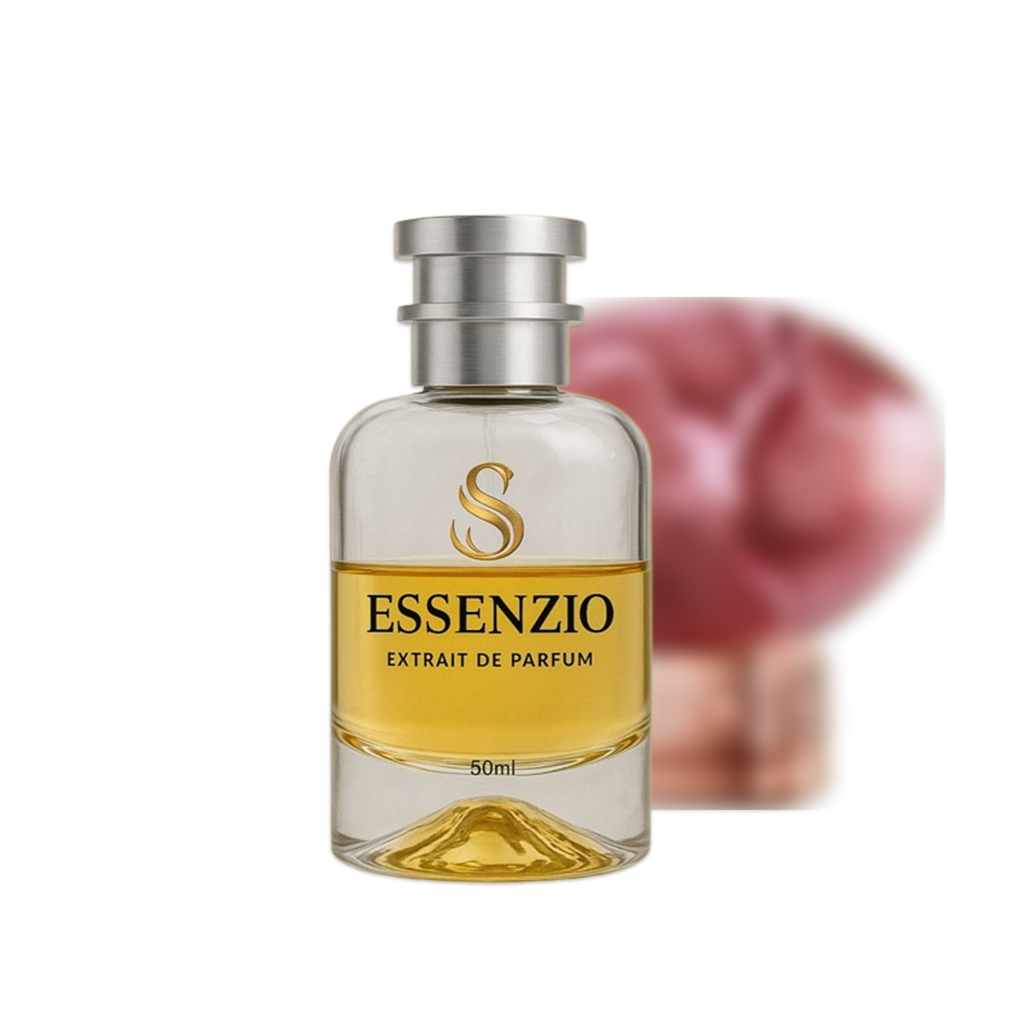 Essenzio Extrait de Parfum – 50 ml Parfümflasche mit silbernem Sprühkopf und goldfarbener Flüssigkeit.
