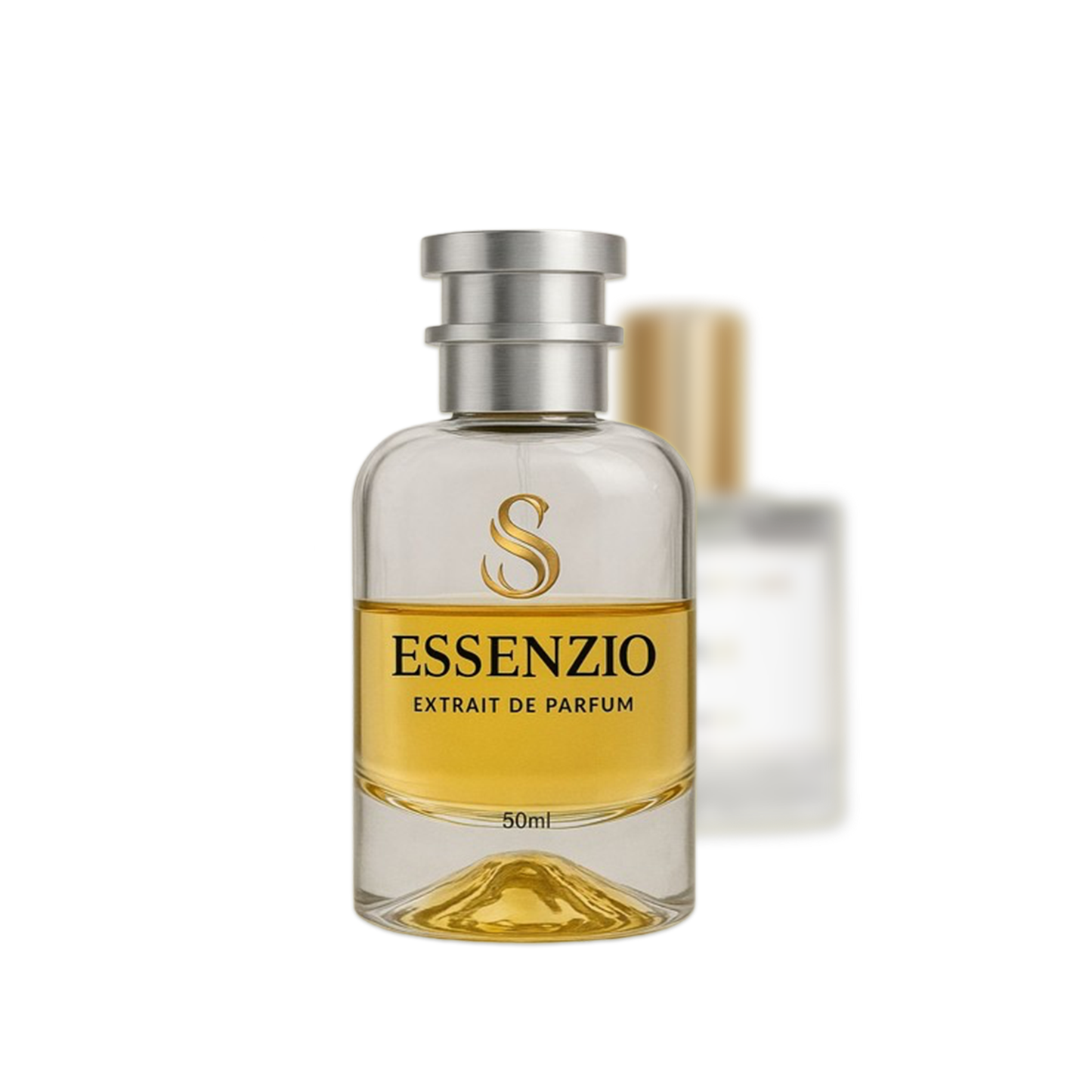 Essenzio Extrait de Parfum – 50 ml Parfümflasche mit silbernem Sprühkopf und goldfarbener Flüssigkeit.