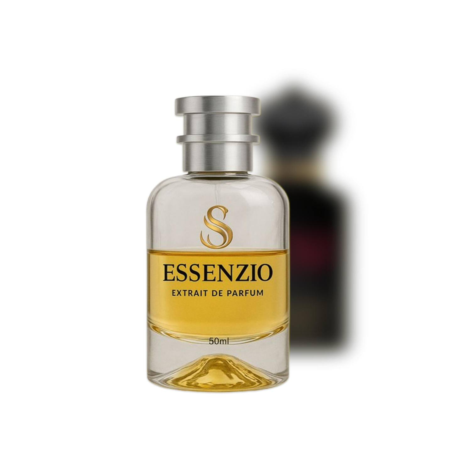 Essenzio Extrait de Parfum – 50 ml Parfümflasche mit silbernem Sprühkopf und goldfarbener Flüssigkeit.