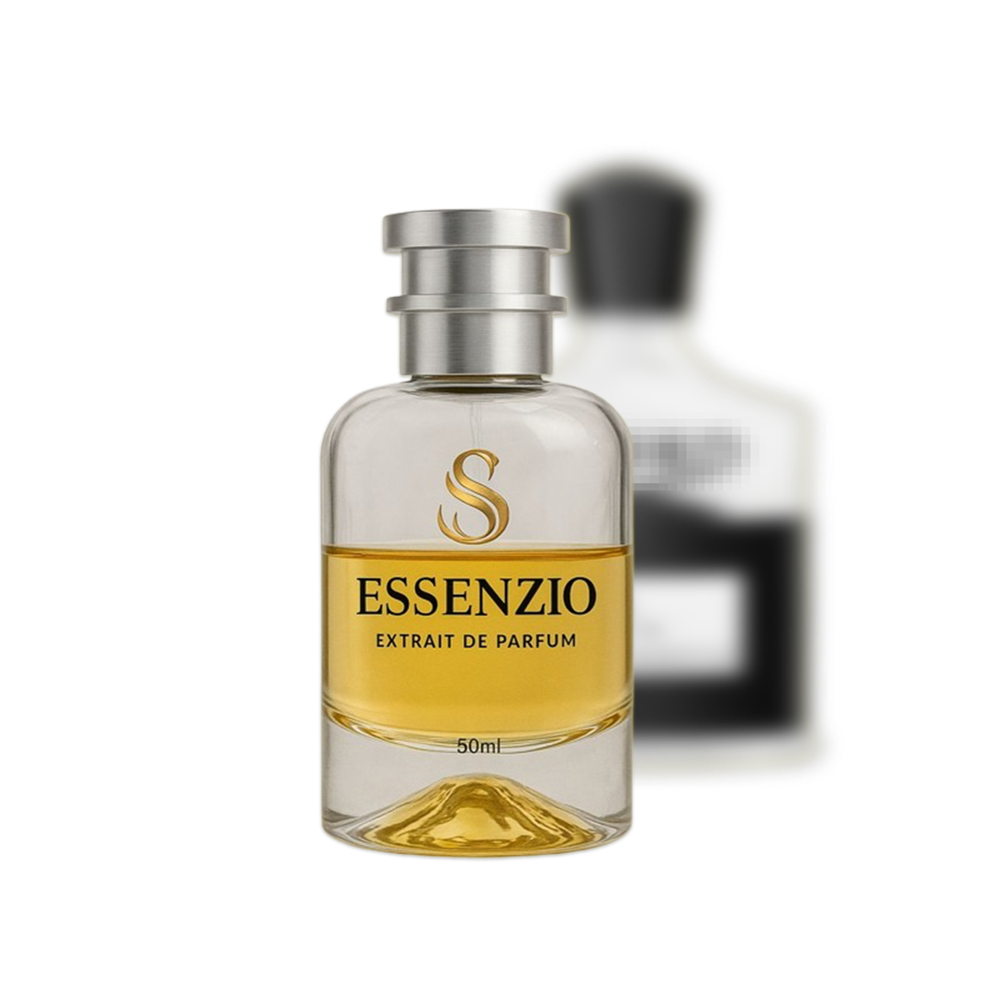 Essenzio Extrait de Parfum – 50 ml Parfümflasche mit silbernem Sprühkopf und goldfarbener Flüssigkeit.