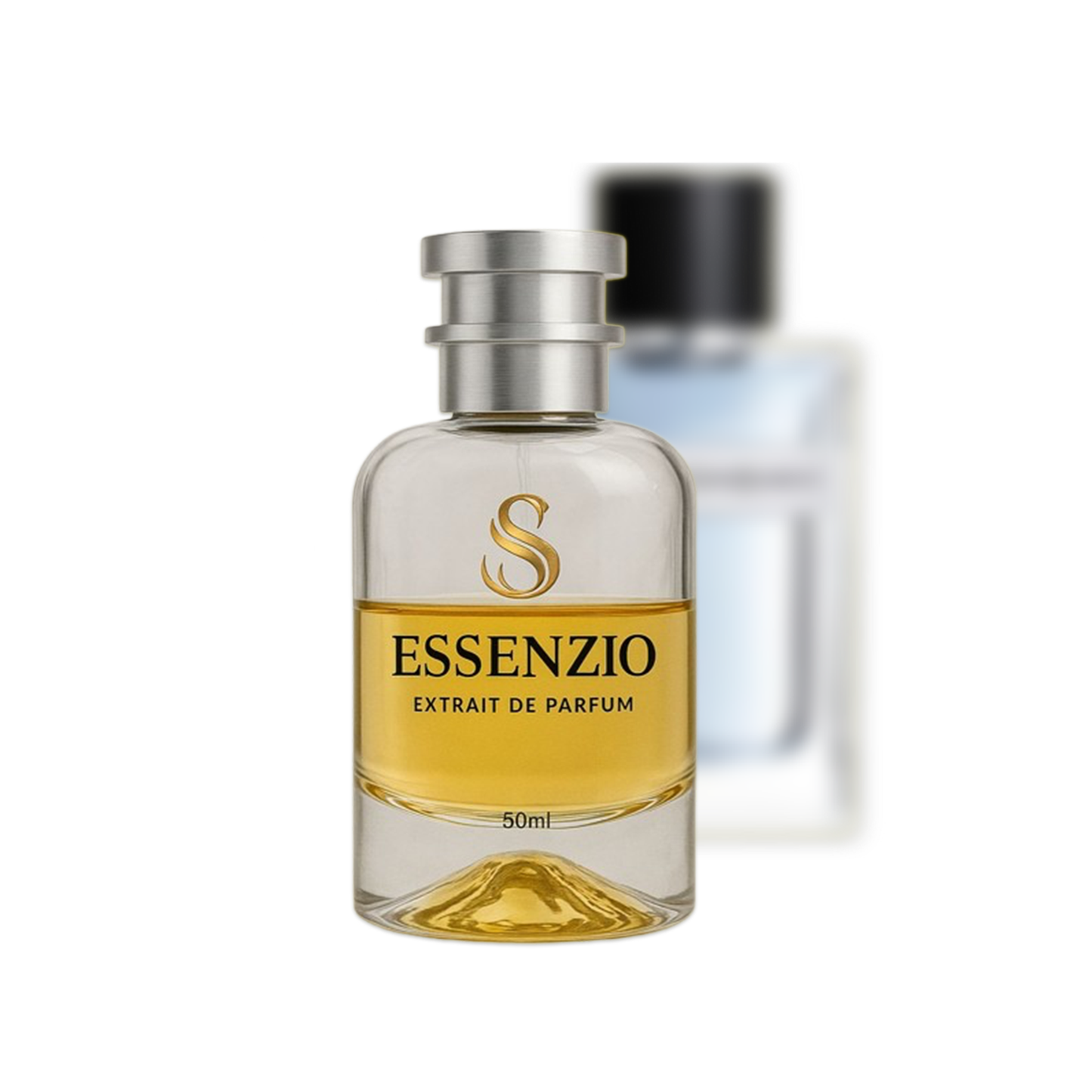 Essenzio Extrait de Parfum – 50 ml Parfümflasche mit silbernem Sprühkopf und goldfarbener Flüssigkeit.