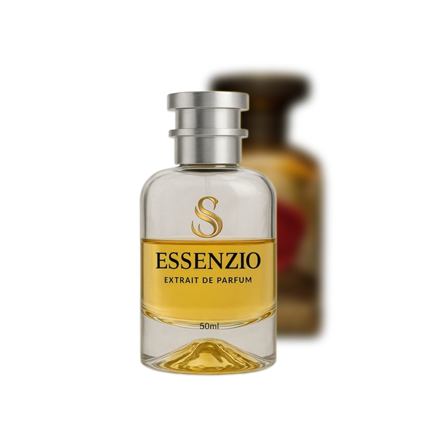 Essenzio Extrait de Parfum – 50 ml Parfümflasche mit silbernem Sprühkopf und goldfarbener Flüssigkeit.