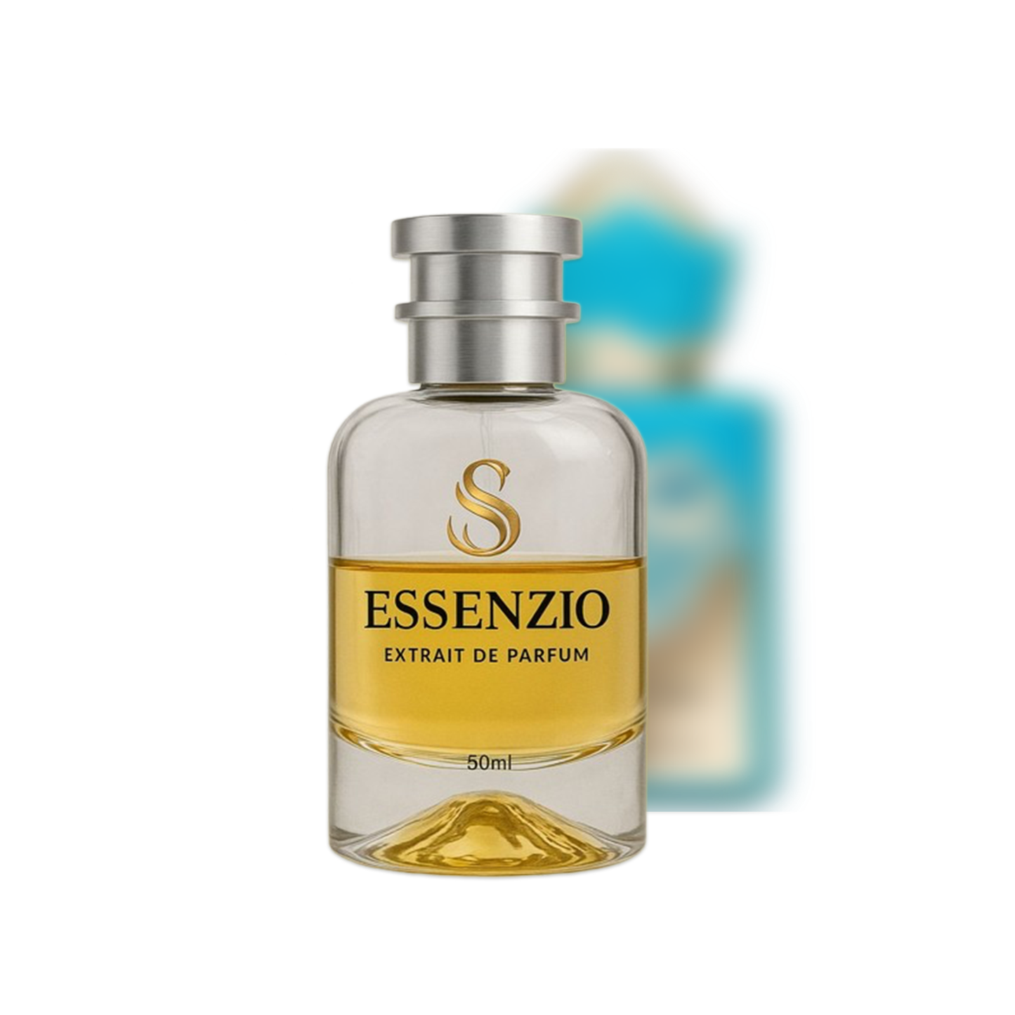 Essenzio Extrait de Parfum – 50 ml Parfümflasche mit silbernem Sprühkopf und goldfarbener Flüssigkeit.