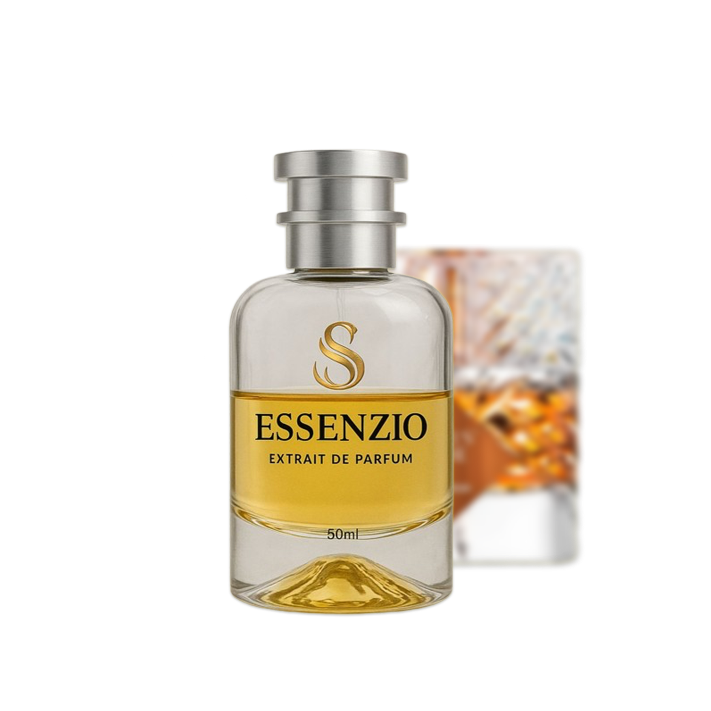 Essenzio Extrait de Parfum – 50 ml Parfümflasche mit silbernem Sprühkopf und goldfarbener Flüssigkeit.