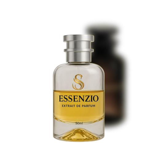 Essenzio Extrait de Parfum – 50 ml Parfümflasche mit silbernem Sprühkopf und goldfarbener Flüssigkeit.
