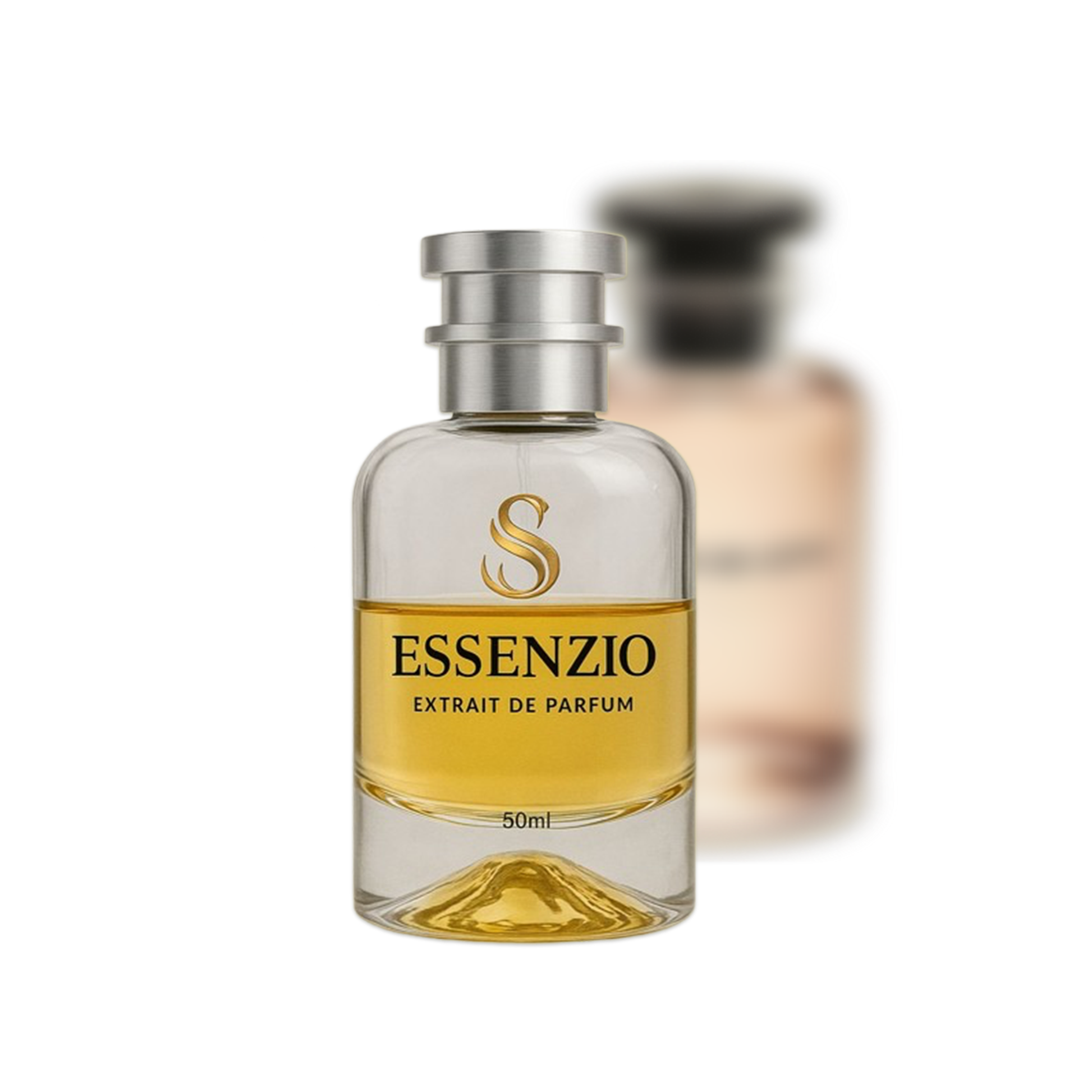 Essenzio Extrait de Parfum – 50 ml Parfümflasche mit silbernem Sprühkopf und goldfarbener Flüssigkeit.