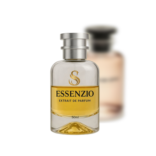 Essenzio Extrait de Parfum – 50 ml Parfümflasche mit silbernem Sprühkopf und goldfarbener Flüssigkeit.