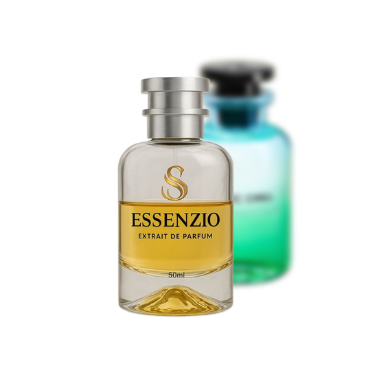 Essenzio Extrait de Parfum – 50 ml Parfümflasche mit silbernem Sprühkopf und goldfarbener Flüssigkeit.