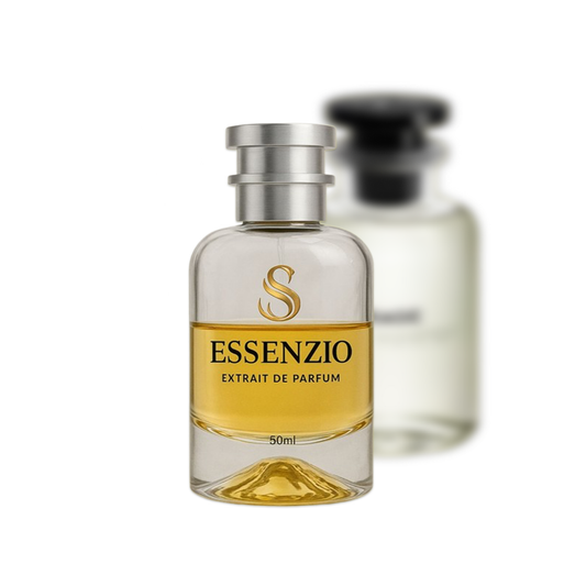 Essenzio Extrait de Parfum – 50 ml Parfümflasche mit silbernem Sprühkopf und goldfarbener Flüssigkeit.
