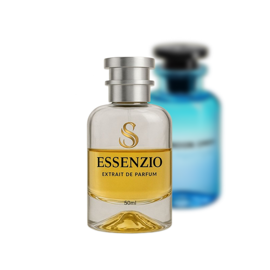 Essenzio Extrait de Parfum – 50 ml Parfümflasche mit silbernem Sprühkopf und goldfarbener Flüssigkeit.