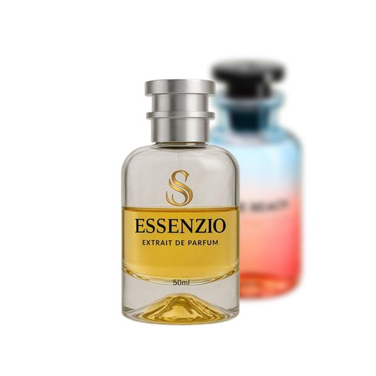 Essenzio Extrait de Parfum – 50 ml Parfümflasche mit silbernem Sprühkopf und goldfarbener Flüssigkeit.