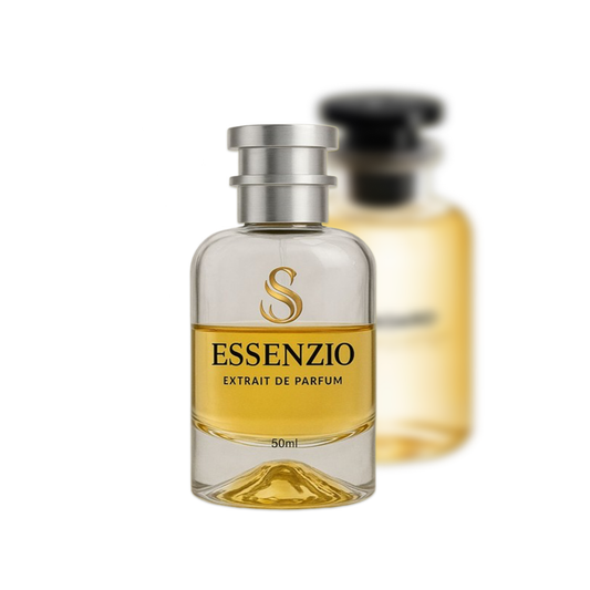Essenzio Extrait de Parfum – 50 ml Parfümflasche mit silbernem Sprühkopf und goldfarbener Flüssigkeit.