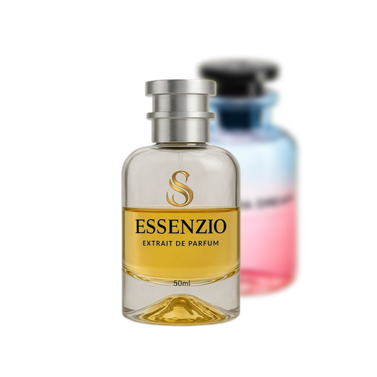 Essenzio Extrait de Parfum – 50 ml Parfümflasche mit silbernem Sprühkopf und goldfarbener Flüssigkeit.