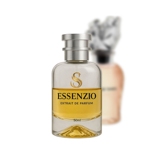 Essenzio Extrait de Parfum – 50 ml Parfümflasche mit silbernem Sprühkopf und goldfarbener Flüssigkeit.