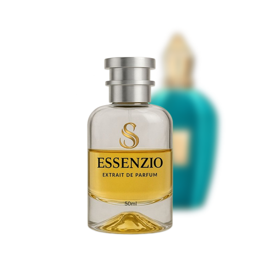 Essenzio Extrait de Parfum – 50 ml Parfümflasche mit silbernem Sprühkopf und goldfarbener Flüssigkeit.