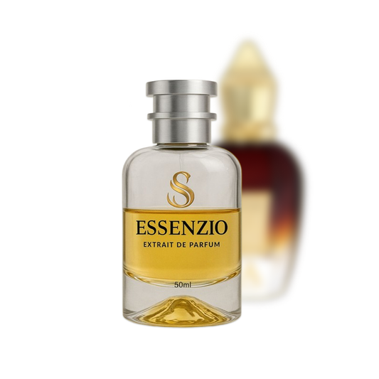 Essenzio Extrait de Parfum – 50 ml Parfümflasche mit silbernem Sprühkopf und goldfarbener Flüssigkeit.