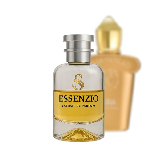 Essenzio Extrait de Parfum – 50 ml Parfümflasche mit silbernem Sprühkopf und goldfarbener Flüssigkeit.