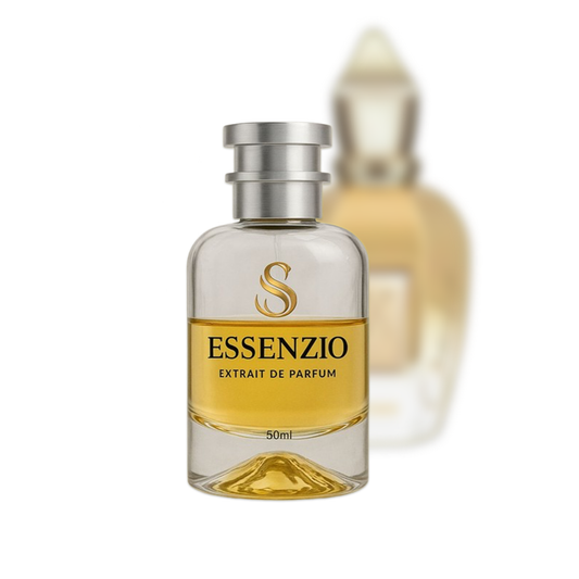 Essenzio Extrait de Parfum – 50 ml Parfümflasche mit silbernem Sprühkopf und goldfarbener Flüssigkeit.