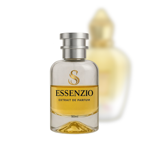 Essenzio Extrait de Parfum – 50 ml Parfümflasche mit silbernem Sprühkopf und goldfarbener Flüssigkeit.