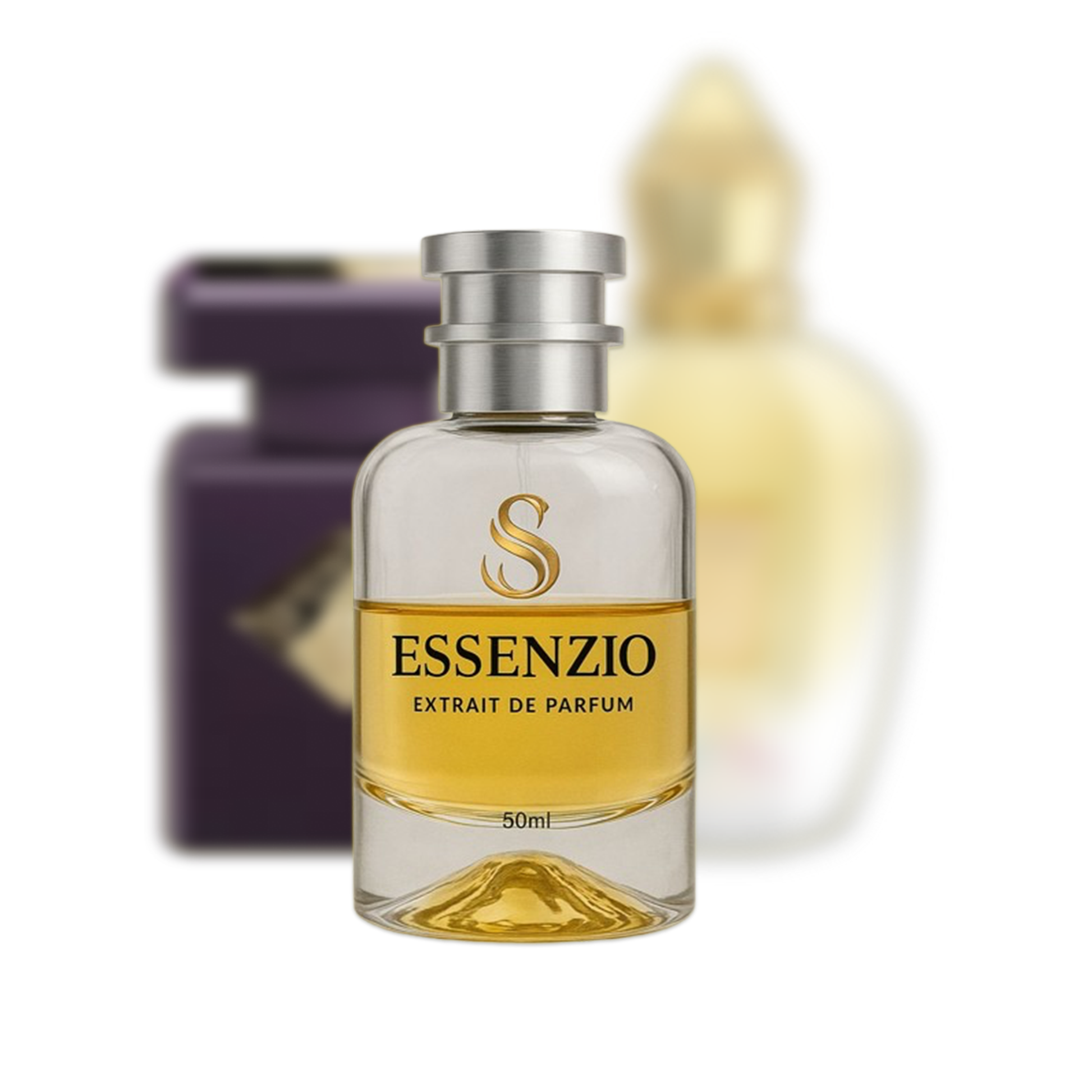 Essenzio Extrait de Parfum – 50 ml Parfümflasche mit silbernem Sprühkopf und goldfarbener Flüssigkeit.