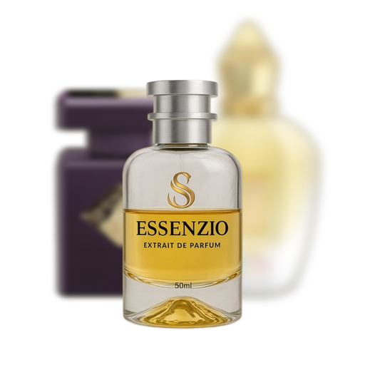 Essenzio Extrait de Parfum – 50 ml Parfümflasche mit silbernem Sprühkopf und goldfarbener Flüssigkeit.