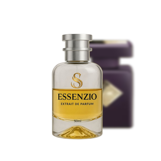 Essenzio Extrait de Parfum – 50 ml Parfümflasche mit silbernem Sprühkopf und goldfarbener Flüssigkeit.