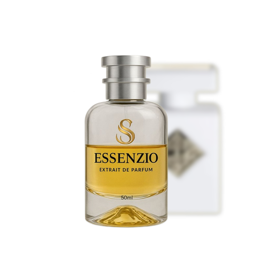 Essenzio Extrait de Parfum – 50 ml Parfümflasche mit silbernem Sprühkopf und goldfarbener Flüssigkeit.