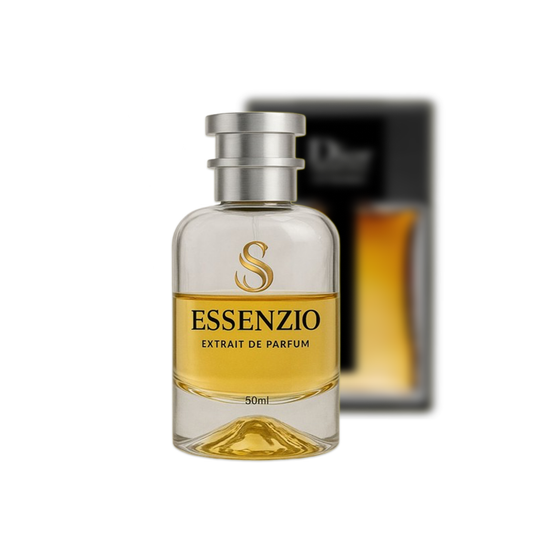 Essenzio Extrait de Parfum – 50 ml Parfümflasche mit silbernem Sprühkopf und goldfarbener Flüssigkeit.