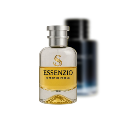 Essenzio Extrait de Parfum – 50 ml Parfümflasche mit silbernem Sprühkopf und goldfarbener Flüssigkeit.