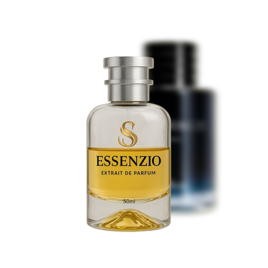 Essenzio Extrait de Parfum – 50 ml Parfümflasche mit silbernem Sprühkopf und goldfarbener Flüssigkeit.