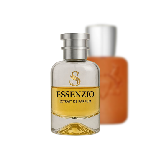 Essenzio Extrait de Parfum – 50 ml Parfümflasche mit silbernem Sprühkopf und goldfarbener Flüssigkeit.