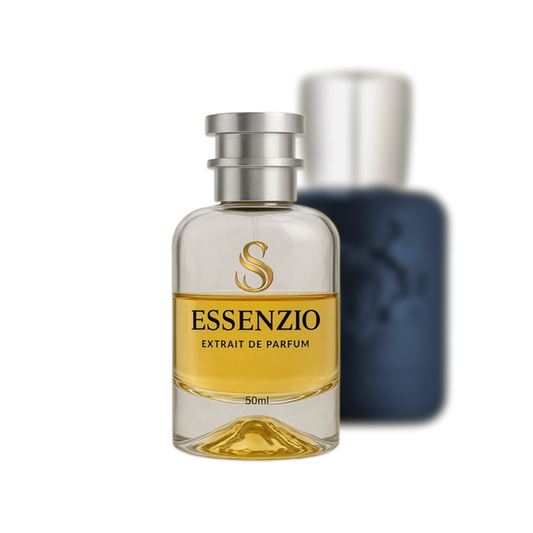 Essenzio Extrait de Parfum – 50 ml Parfümflasche mit silbernem Sprühkopf und goldfarbener Flüssigkeit.