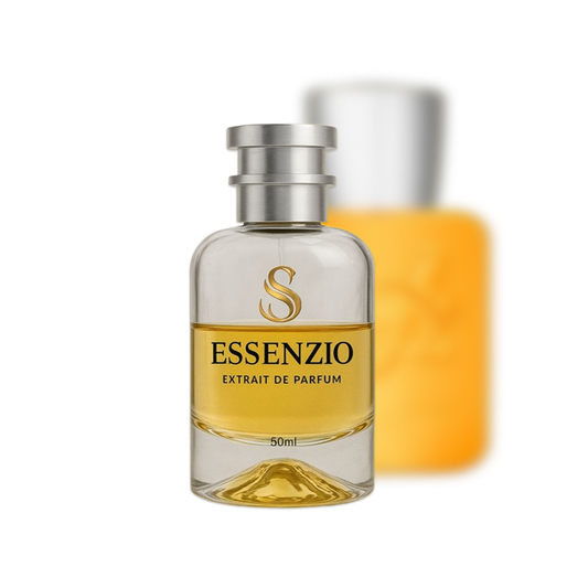 Essenzio Extrait de Parfum – 50 ml Parfümflasche mit silbernem Sprühkopf und goldfarbener Flüssigkeit.