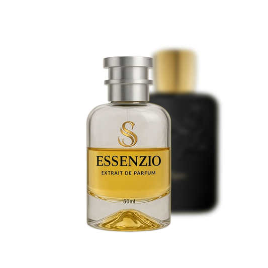Essenzio Extrait de Parfum – 50 ml Parfümflasche mit silbernem Sprühkopf und goldfarbener Flüssigkeit.