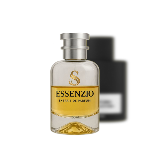 Essenzio Extrait de Parfum – 50 ml Parfümflasche mit silbernem Sprühkopf und goldfarbener Flüssigkeit.