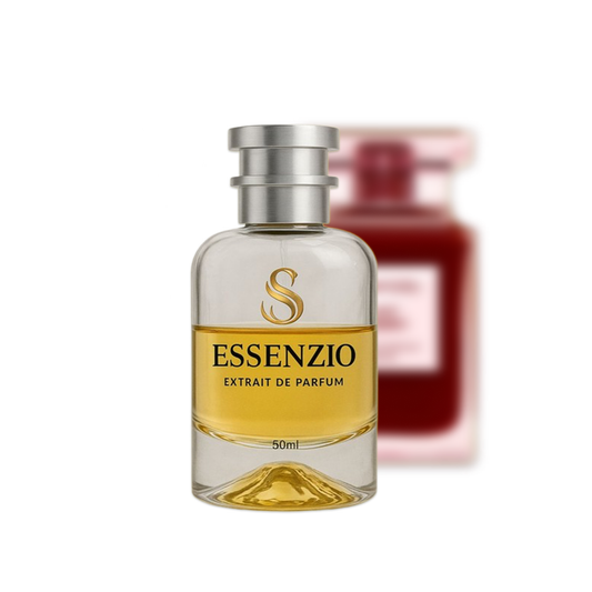 Essenzio Extrait de Parfum – 50 ml Parfümflasche mit silbernem Sprühkopf und goldfarbener Flüssigkeit.