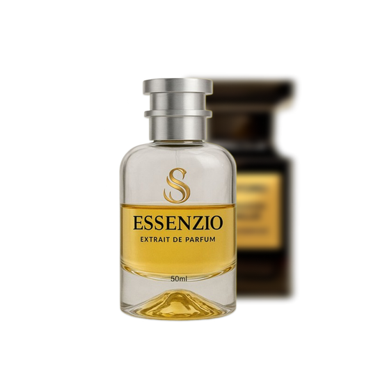 Essenzio Extrait de Parfum – 50 ml Parfümflasche mit silbernem Sprühkopf und goldfarbener Flüssigkeit.