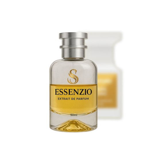 Essenzio Extrait de Parfum – 50 ml Parfümflasche mit silbernem Sprühkopf und goldfarbener Flüssigkeit.