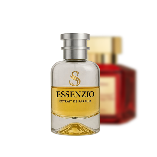 Essenzio Extrait de Parfum – 50 ml Parfümflasche mit silbernem Sprühkopf und goldfarbener Flüssigkeit.