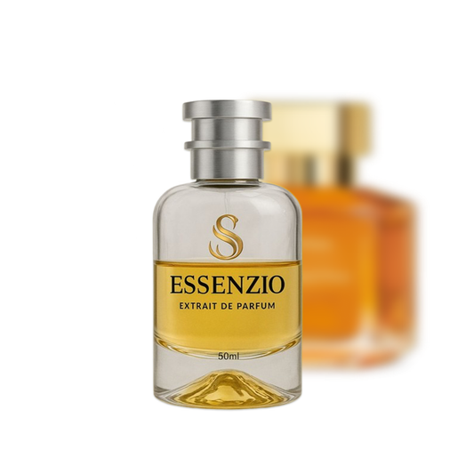 Essenzio Extrait de Parfum – 50 ml Parfümflasche mit silbernem Sprühkopf und goldfarbener Flüssigkeit.