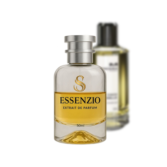 Essenzio Extrait de Parfum – 50 ml Parfümflasche mit silbernem Sprühkopf und goldfarbener Flüssigkeit.