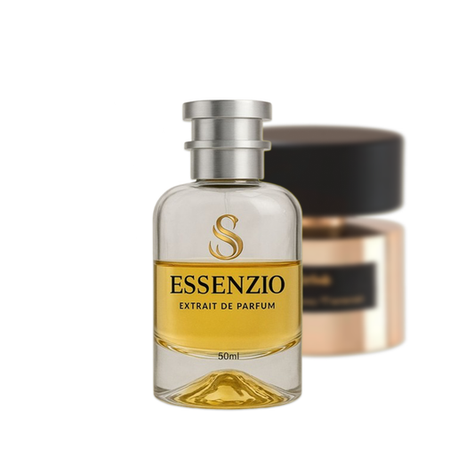 Essenzio Extrait de Parfum – 50 ml Parfümflasche mit silbernem Sprühkopf und goldfarbener Flüssigkeit.