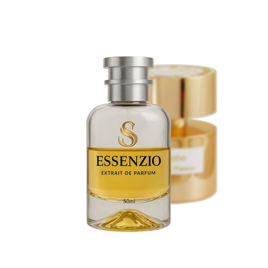 Essenzio Extrait de Parfum – 50 ml Parfümflasche mit silbernem Sprühkopf und goldfarbener Flüssigkeit.