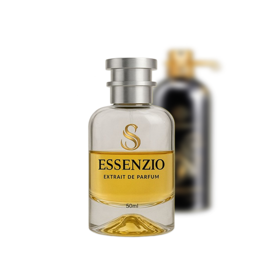Essenzio Extrait de Parfum – 50 ml Parfümflasche mit silbernem Sprühkopf und goldfarbener Flüssigkeit.