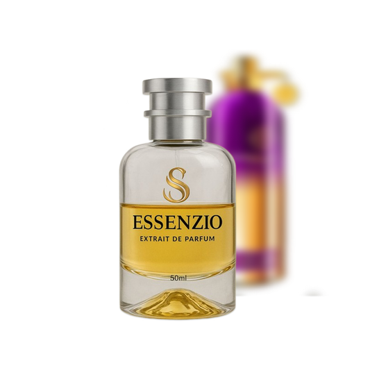 Essenzio Extrait de Parfum – 50 ml Parfümflasche mit silbernem Sprühkopf und goldfarbener Flüssigkeit.