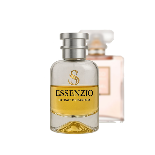 Essenzio Extrait de Parfum – 50 ml Parfümflasche mit silbernem Sprühkopf und goldfarbener Flüssigkeit.
